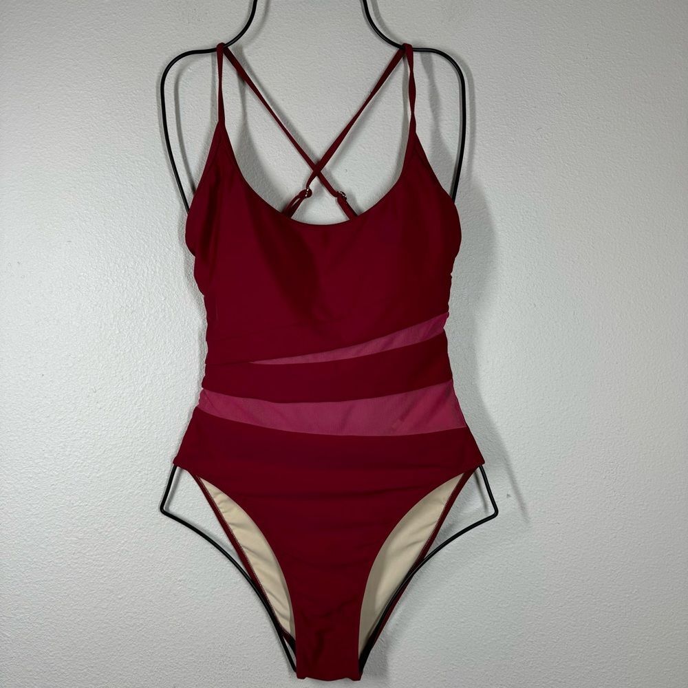 Summersalt Women’s One Piece Adjustable Straps Swimsuit Maroon Mesh Panel Size 4